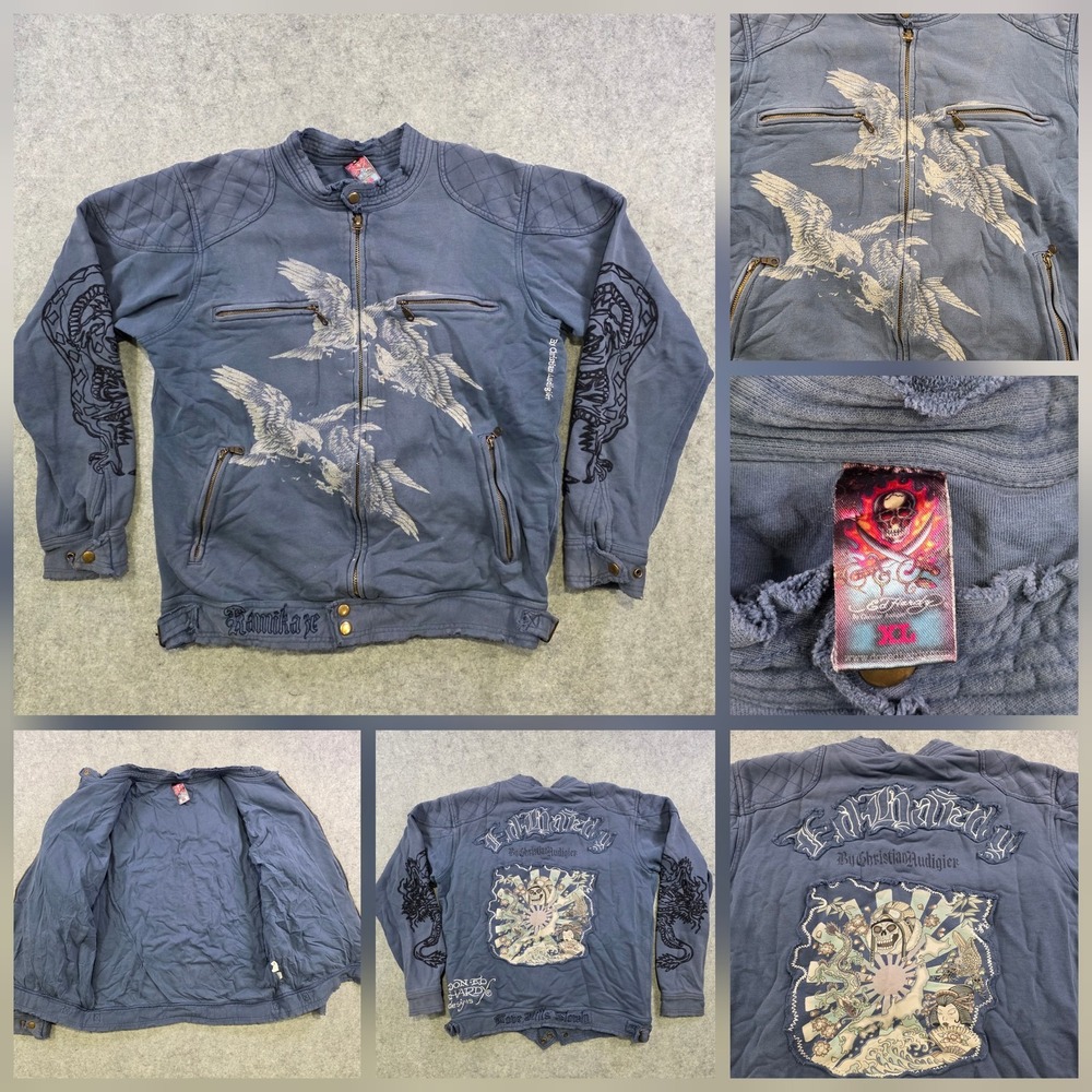 Ed Hardy Jacket Mens XL Blue Kamikaze Love Kills Slowly Tattoo Biker Skull Moto‎